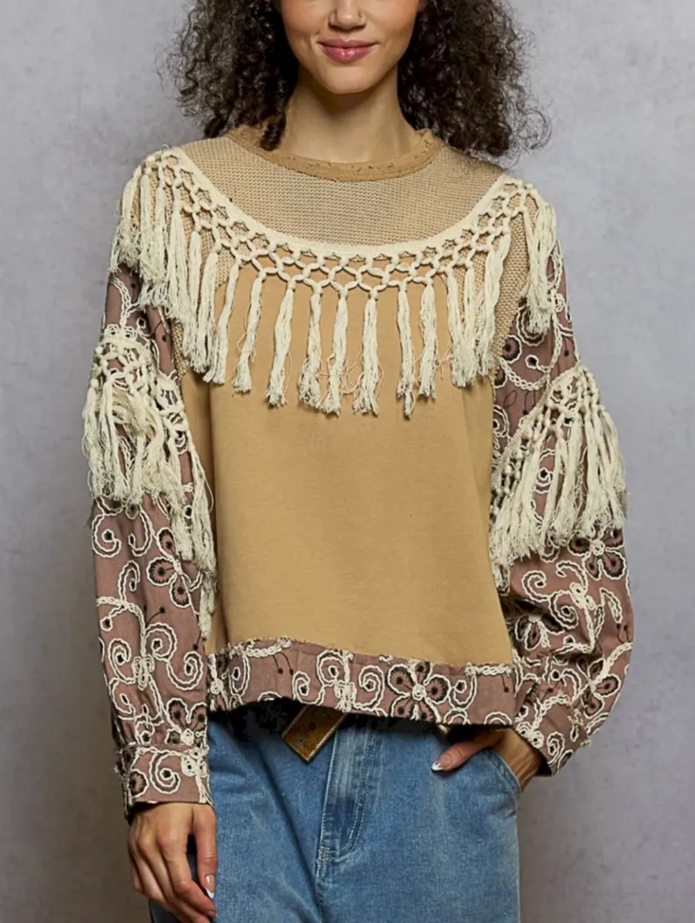 NS95. POL Boho Fringe Crochet Oversized Pullover Top - Cream & Tan